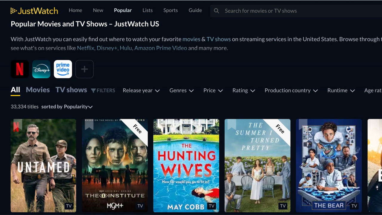 Screenshot of JustWatch website