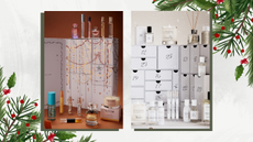 Two images of the Boots Fragrance Advent Calendar 2026 and The White Company Advent Calendar 2026 with dark green box backgrounds, on a white background with green and red Christmas garland