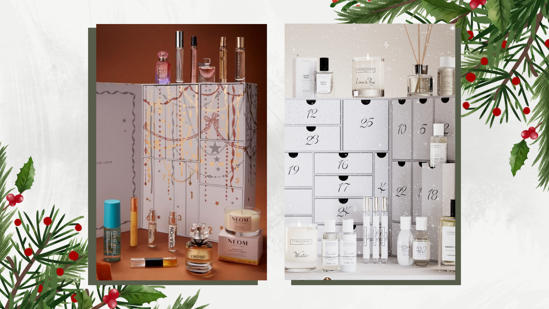 Two images of the Boots Fragrance Advent Calendar 2026 and The White Company Advent Calendar 2026 with dark green box backgrounds, on a white background with green and red Christmas garland