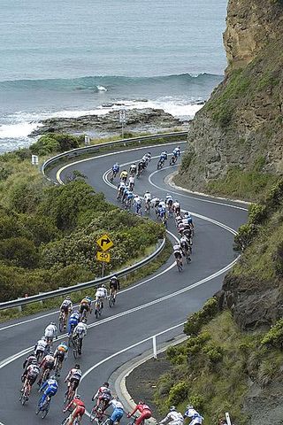 Riders snake their way along the Great Ocean Road during the 139 kilometre fourth stage from Anglesea to Barwon Heads.