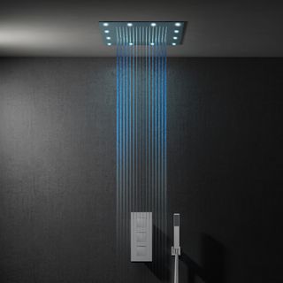 bathroom with grey wall and rainfall shower with led light