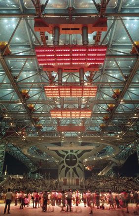 Under the big roof of the Festival Plaza, Osaka Expo '70, photographed by Arata Isozaki. 1970