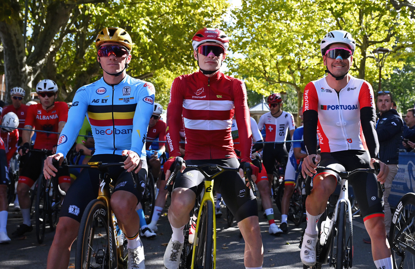 PRIVAS, FRANCE - OCTOBER 05: (L-R) Remco Evenepoel and Team Belgium, Jonas Vingegaard and Team Denmark, Joao Almeida and Team Portugal and Juan Ayuso and Team Spain prior to the 31st UEC Road Cycling European Championships 2025 - Men&#039;s Elite Road Race a 202.5km race from Privas to Guilherand-Granges on October 05, 2025 in Privas, France. (Photo by Billy Ceusters/Getty Images)