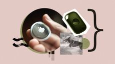 Photo collage of a GPS tracker, a close up shot of a hand holding an airtag, and a dog with a GPS collar running in a park