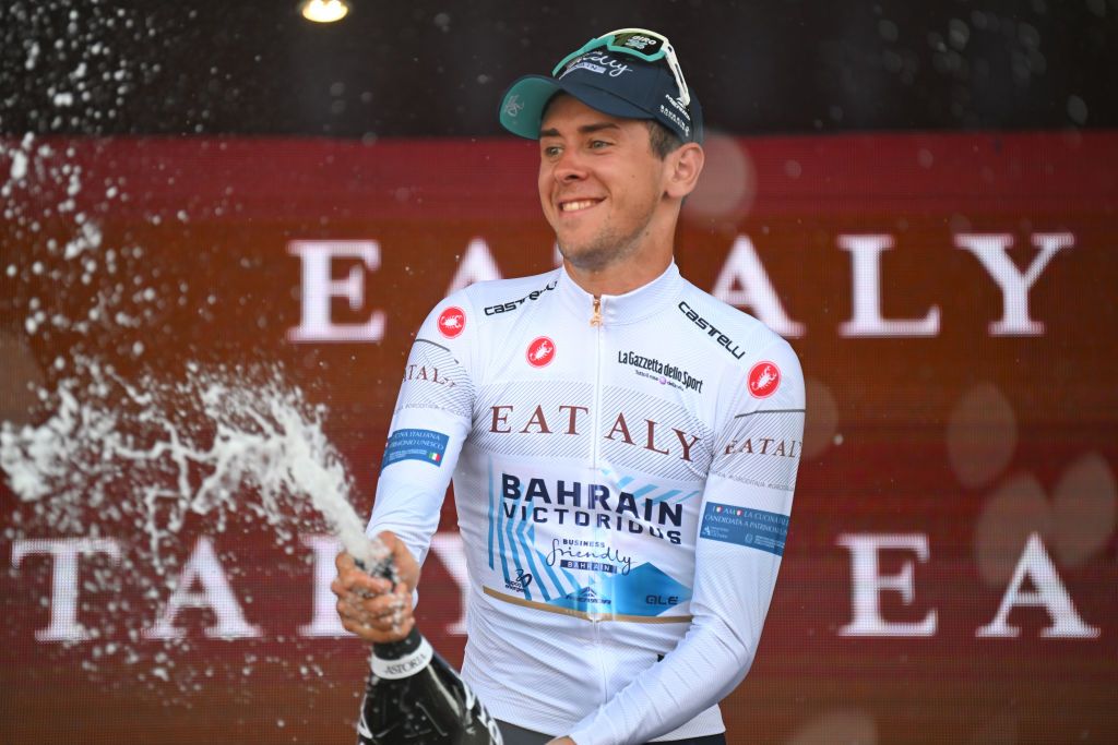 FRANCAVILLA AL MARE ITALY MAY 15 Antonio Tiberi of Italy and Team Bahrain Victorious White Best Young Jersey celebrates at podium during the 107th Giro dItalia 2024 Stage 11 a 207km stage from Foiano di val Fortore to Francavilla al mare UCIWT on May 15 2024 in Francavilla al mare Italy Photo by Tim de WaeleGetty Images