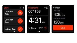 Skjermbilder fra appen Strava for Apple Watch.