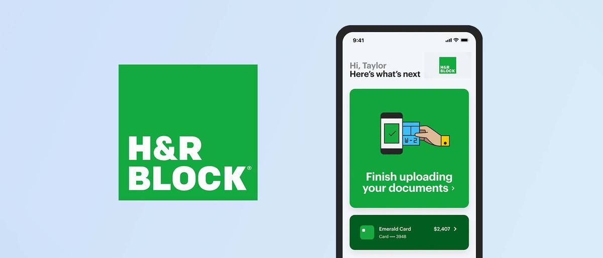 H&amp;R Block logo and H&amp;R Block Deluxe 2023 app home screen on a smartphone