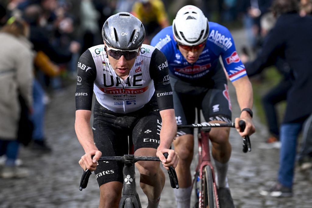 Slovenian Tadej Pogacar of UAE Team Emirates L and Dutch Mathieu van der Poel of Team AlpecinDeceuninck R compete in the Mens WorldTour E3 Saxo Bank Classic one day cycling race 2041 km from and to Harelbeke in Harelbeke on March 24 2023 Photo by JASPER JACOBS Belga AFP Belgium OUT Photo by JASPER JACOBSBelgaAFP via Getty Images