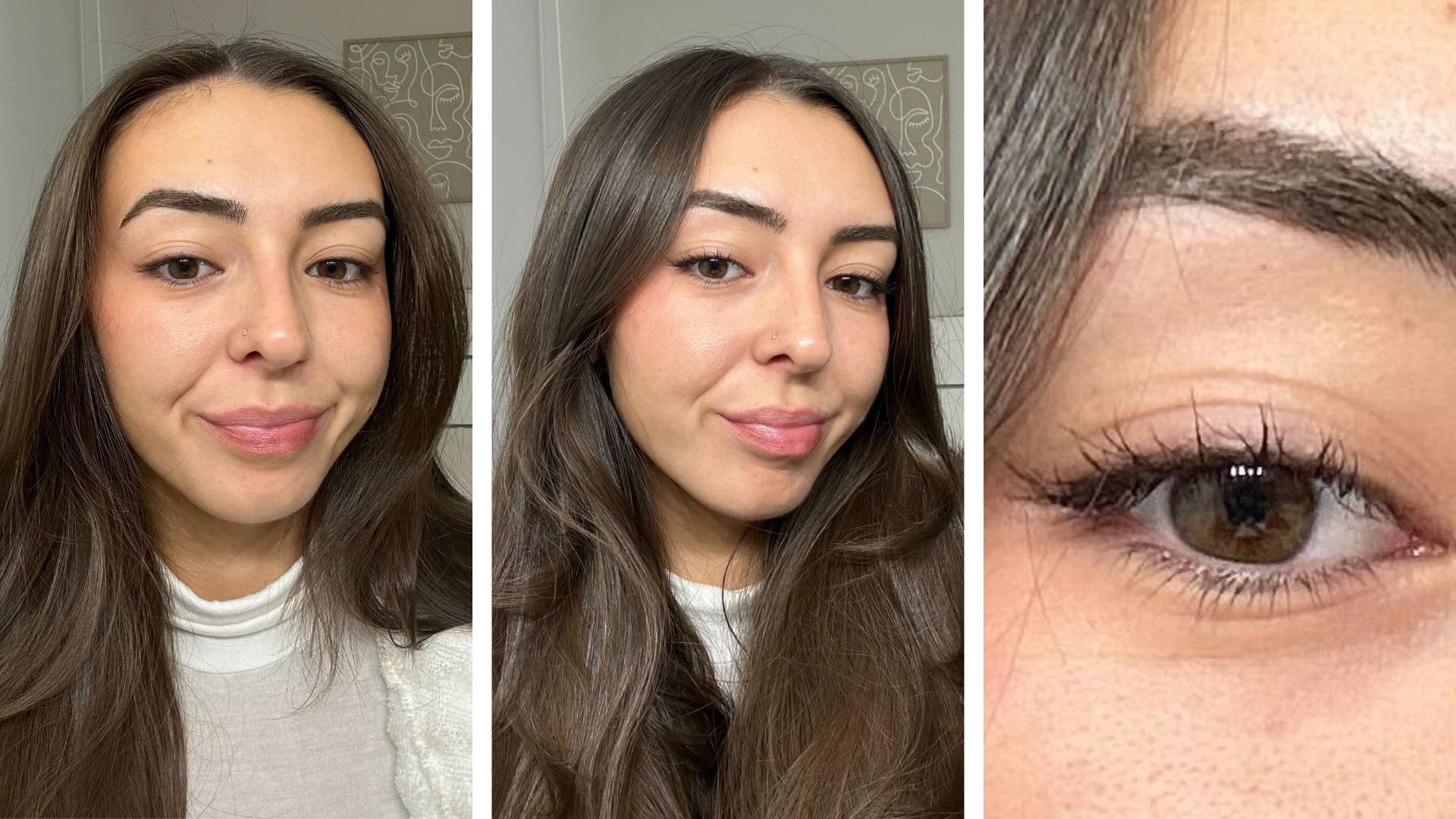 On the left is a picture of Digital Beauty Writer, Sennen Prickett, with no mascara on, followed by a picture of her having applied the Merit Mascara, and on the right, a close-up of her eye to show the mascara on her eyelashes, in detail.
