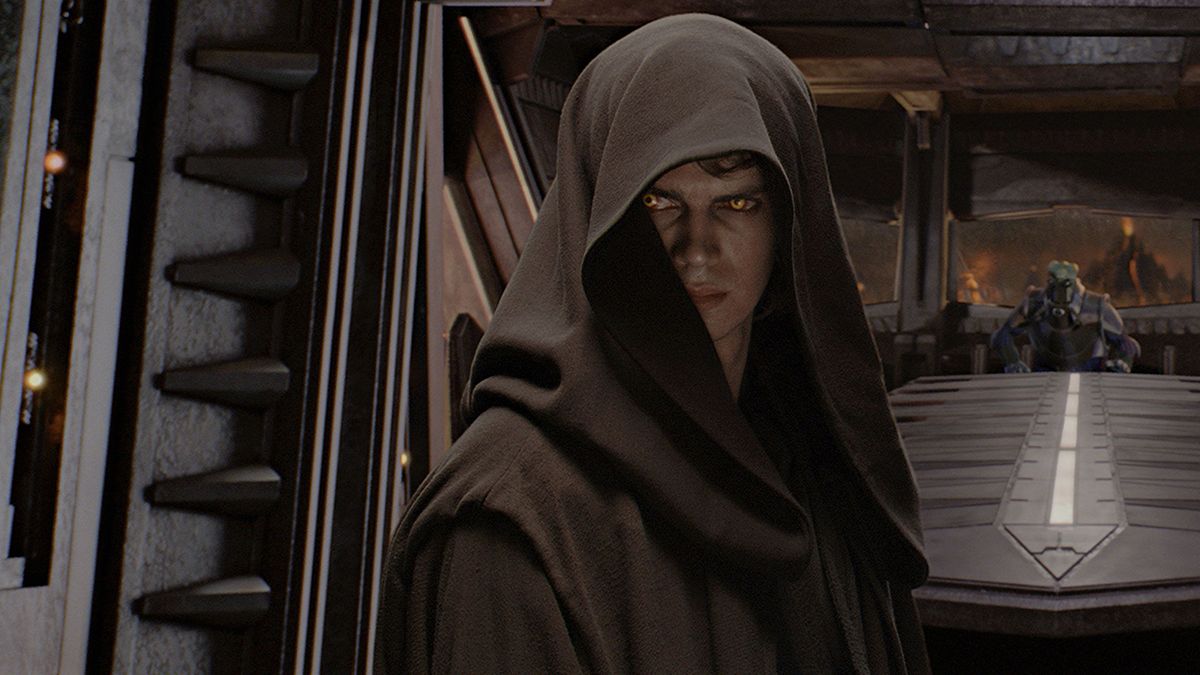 Here we see an evil-looking Anakin Skywalker, his brown Jedi robes pulled u...