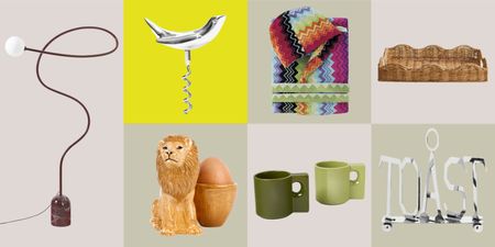 collage of decor including floor lamp, bird-shaped corkscrew, lion-shaped egg cup, colorful robe, green mugs, rattan tray and toast holder