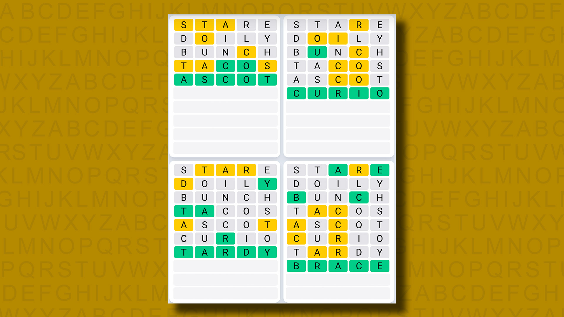 Quordle Daily Sequence Answers for Game 965 on a Yellow Background