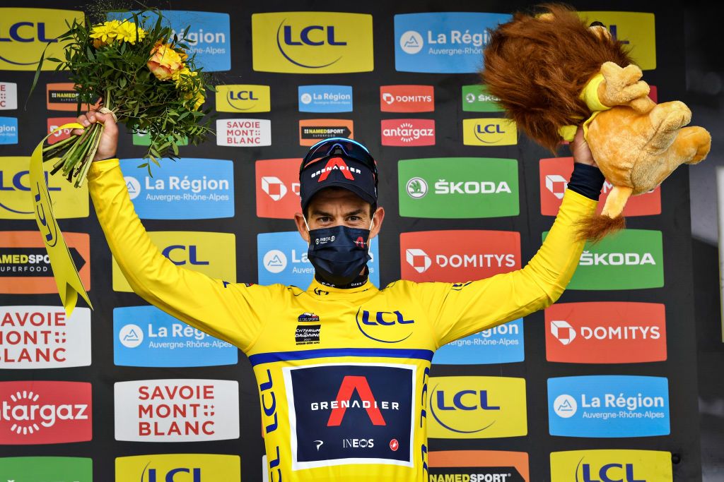 Austrian Richie Porte of Ineos Grenadiers celebrates on the podium in the yellow jersey of leader in the overall ranking after the seventh stage of the 73rd edition of the Criterium du Dauphine cycling race 1715 Km from SaintMartinLeVinoux to La Plagne France Saturday 05 June 2021 BELGA PHOTO DAVID STOCKMAN Photo by DAVID STOCKMANBELGA MAGAFP via Getty Images