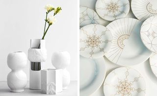 Left image: white wall and floor, white vases of different shapes, three long white flower with green stems in one of the vases, Right: Layers of white plates with gold circular patterns