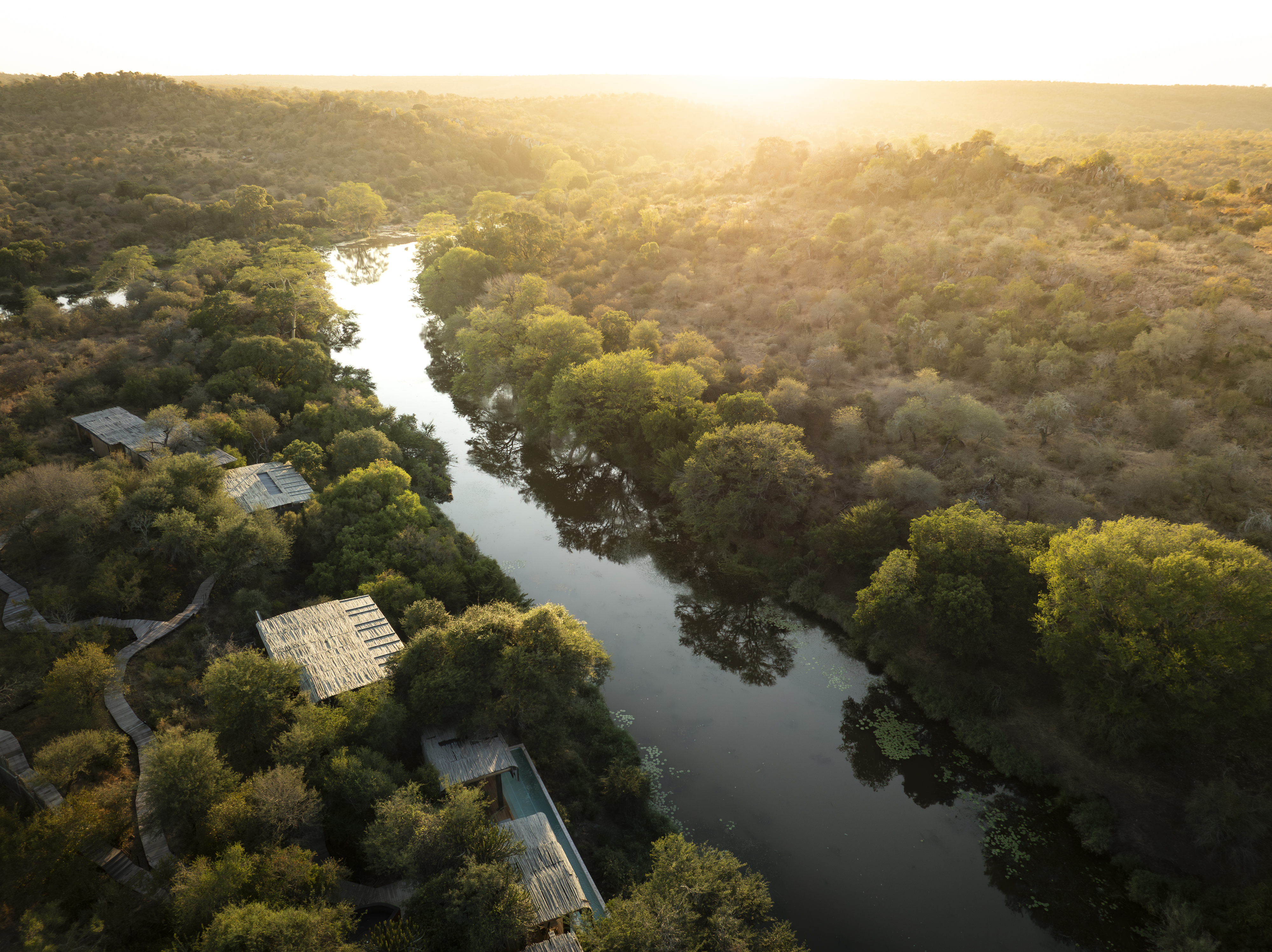 A series of sun-lit shots depicting the stunning wetland nature surrounding a luxury lodge resort.