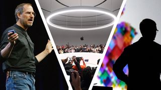 Steve Jobs on stage next to a photo inside Apple of a journalists gathering round the Vision Pro, next to a silhouette of Tim Cook
