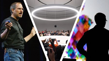 Steve Jobs on stage next to a photo inside Apple of a journalists gathering round the Vision Pro, next to a silhouette of Tim Cook