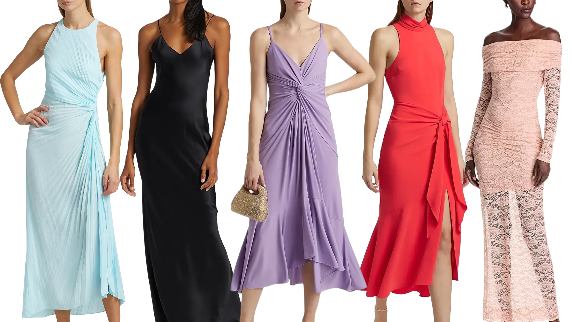 collage of models wearing special event dresses from A.L.C., Nili Lotan, Cinq à Sept, and Ronny Kobo on white background