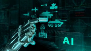 Robotic hand interacting with a digital display showing various military equipment, defense systems, drones and cybersecurity elements and data visualization in a dark environment.