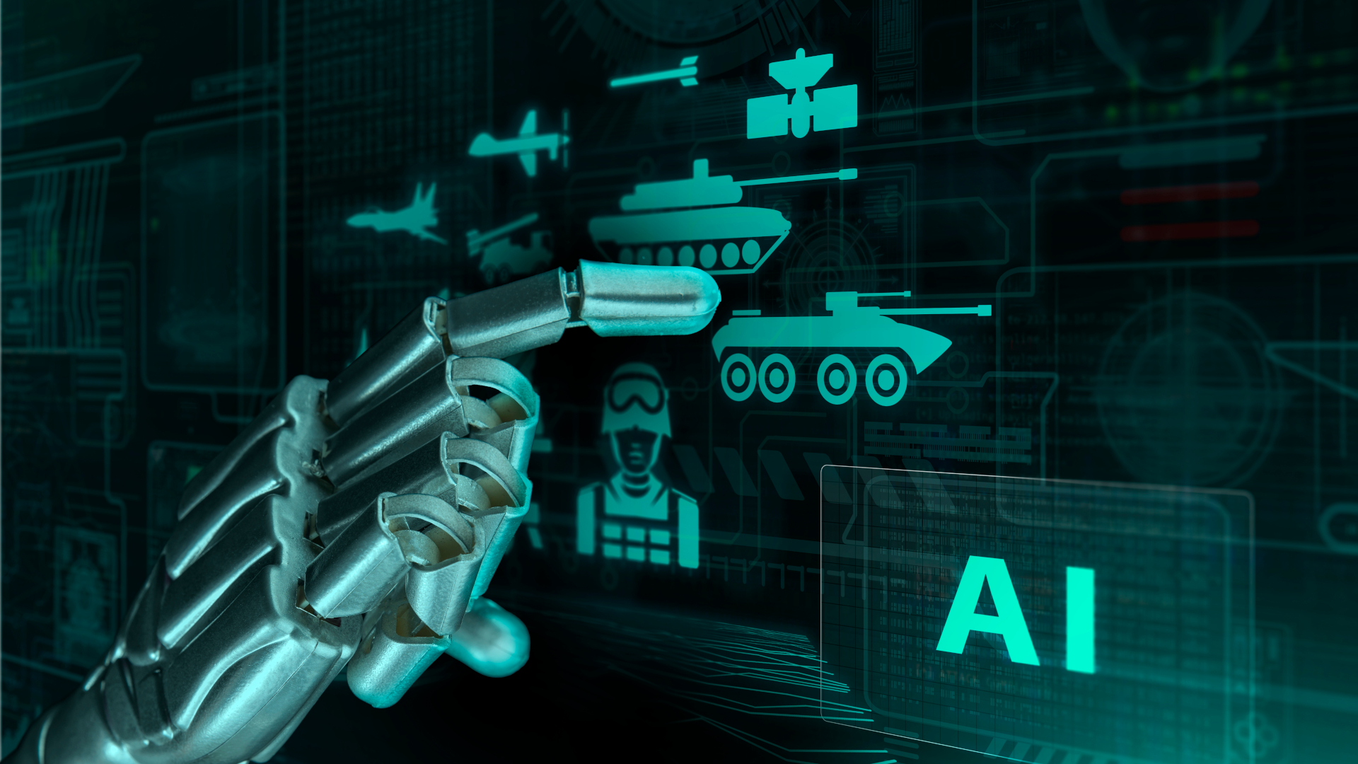 Robotic hand interacting with a digital display showing various military equipment, defense systems, drones and cybersecurity elements and data visualization in a dark environment.