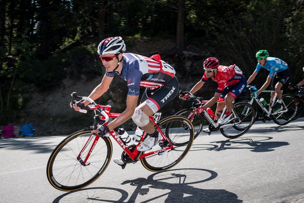 Matthew Busche (Trek) leads a group on the descent to Breckenridge