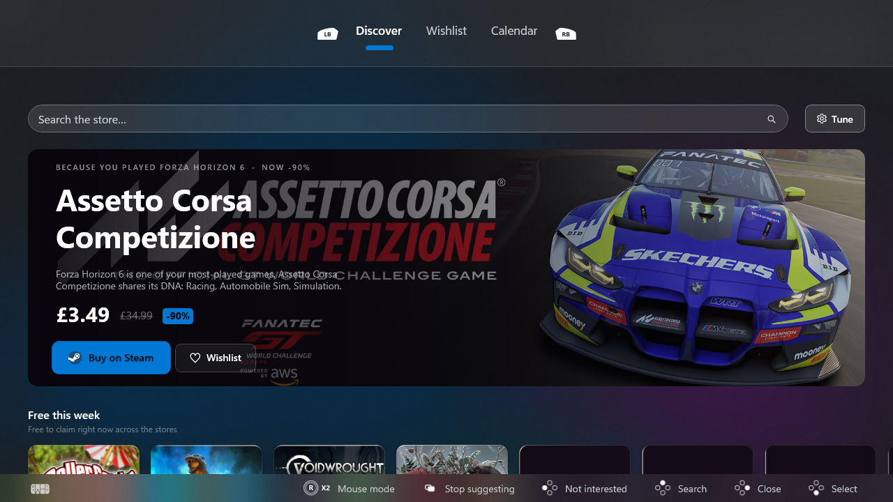 Winhanced recommends Assetto Corsa Competizione based on recent play history, with personalized game suggestions, search, wishlist, and store browsing.