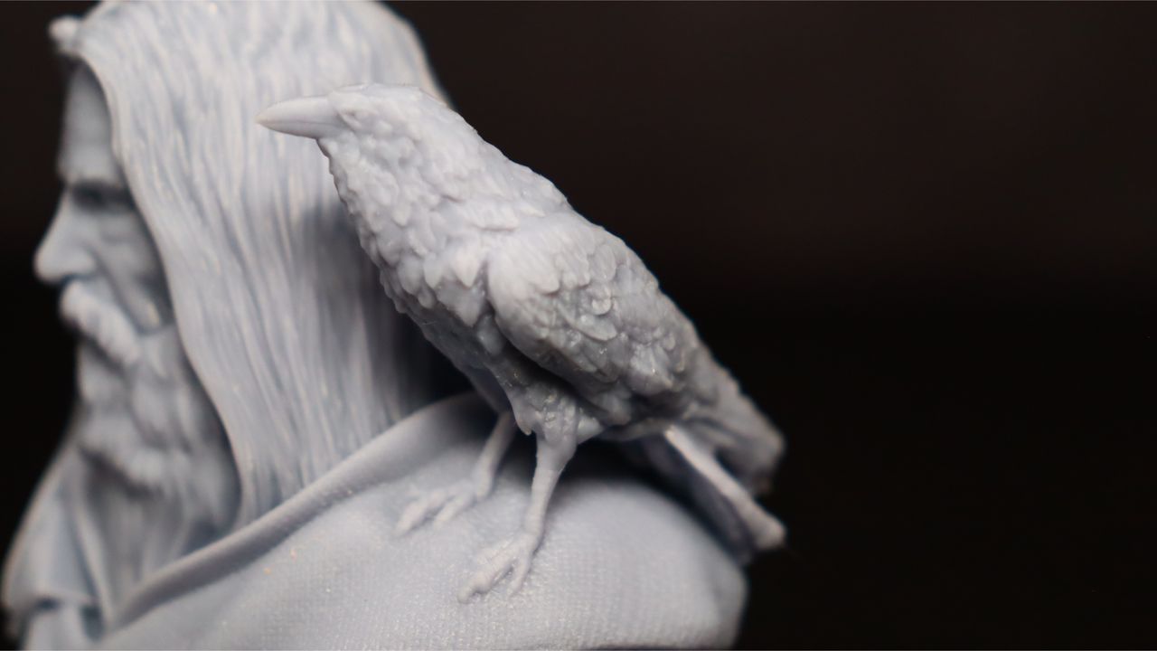 Nova3D Whale3 SE 3D printer-test print-Odin-close up of raven on shoulder