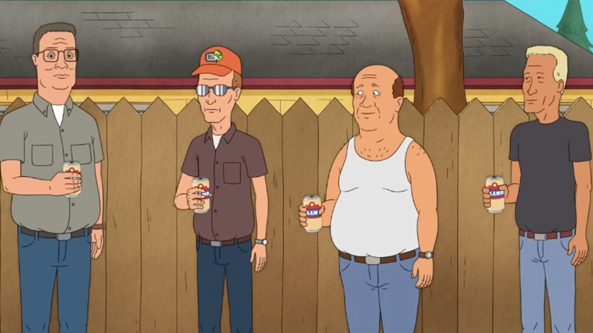 The four main characters of King of the Hill, standing in front of a fence.