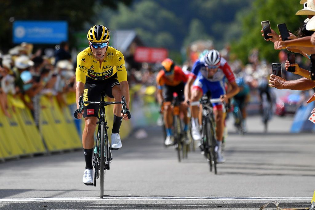 SAINT MARTIN DE BELLEVILLE FRANCE AUGUST 14 Arrival Primoz Roglic of Slovenia and Team Jumbo Visma Yellow Leader Jersey during the 72nd Criterium du Dauphine 2020 Stage 3 a 157km stage from Corenc to Saint Martin de Belleville 1419m dauphine Dauphin on August 14 2020 in Saint Martin de Belleville France Photo by Justin SetterfieldGetty Images