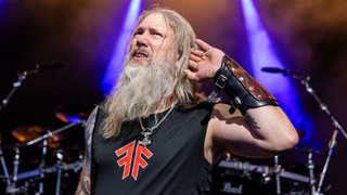 Johan Hegg of Amon Amarth performs at Pine Knob Music Theatre on July 17, 2025 in Clarkston, Michigan.