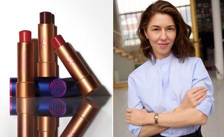 Augustinus Bader x Sofia Coppol lip balms and a portrait of director Sofia Coppola