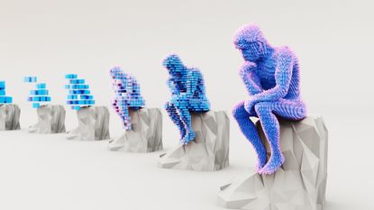 An illustration showing a series of digital "thinkers from Rodin's sculpture moving toward the background. They get more pixelated the farther away they are.