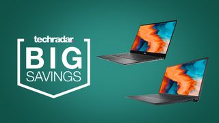 Dell Inspiron and XPS 13 laptops on green background with techradar big savings badge