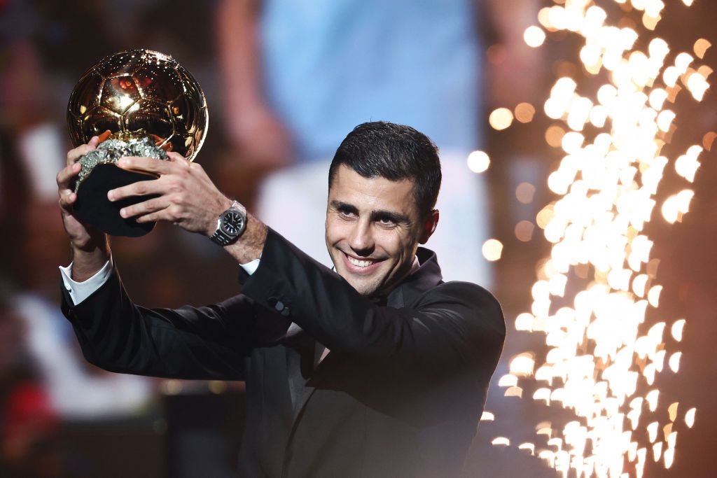 Manchester City&#039;s Spanish midfielder Rodri receives the Ballon d&#039;Or award during the 2024 Ballon d&#039;Or France Football award ceremony at the Theatre du Chatelet in Paris on October 28, 2024. 