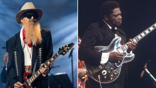 A montage image of Billy Gibbons in a blue suit playing a custom Gibson guitar and B.B. King onstage in 1968 with his Gibson ES-335, Lucille