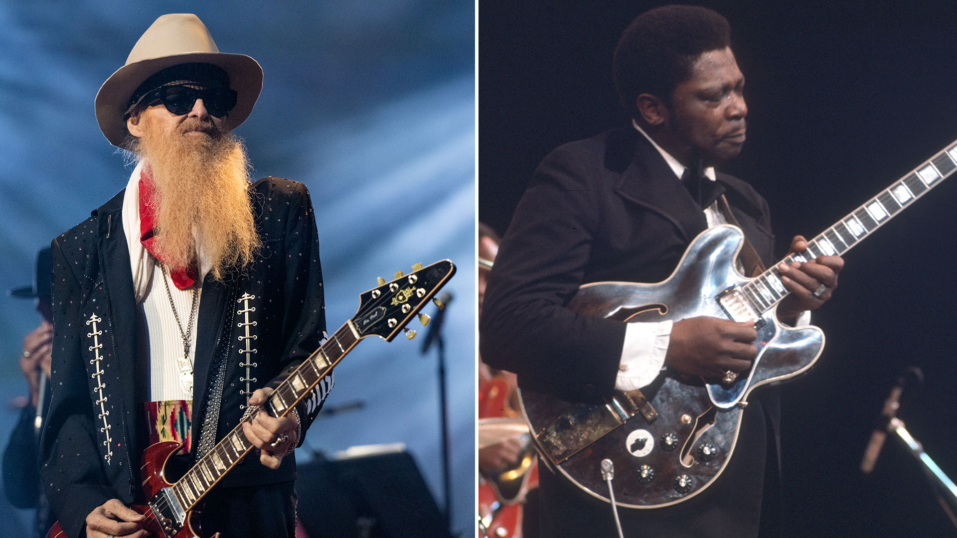 A montage image of Billy Gibbons in a blue suit playing a custom Gibson guitar (left) and B.B. King onstage in 1968 with his Gibson ES-335, Lucille