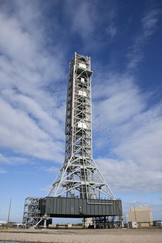 NASA's mobile launcher (ML) support structure at Kennedy Space Center in Florida, was the site for a media event held to detail ML's use with NASA's Space Launch System (SLS) heavy-lift rocket, October 10, 2011.