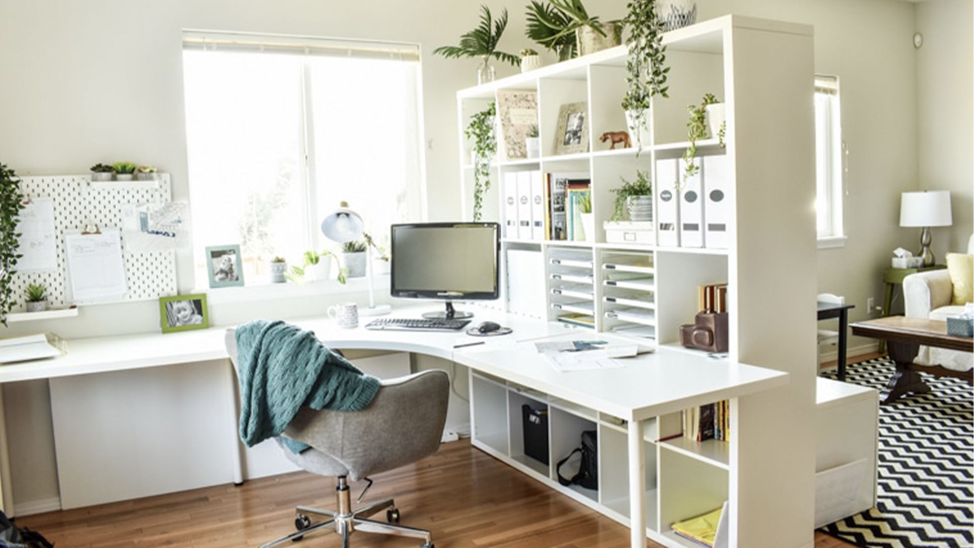 light bright home office with storage cube room divider