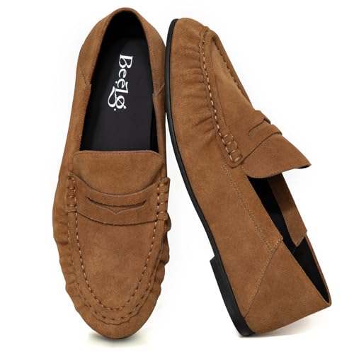 Beelg Women's Suede Tan Penny Loafers Comfort Casual Flat Loafer Shoes Dressy Work Business Flats Walking Shoe