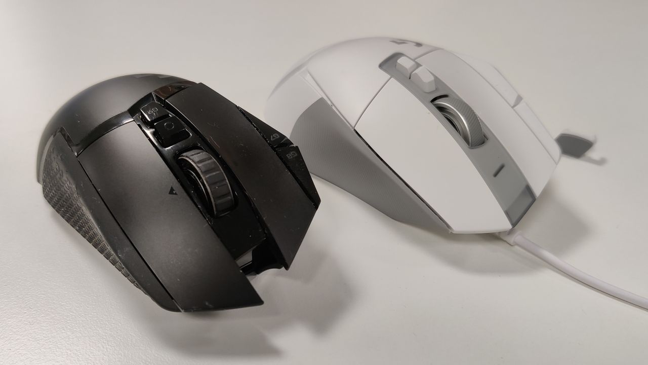 The Logitech G502 X top down next to the previous model.