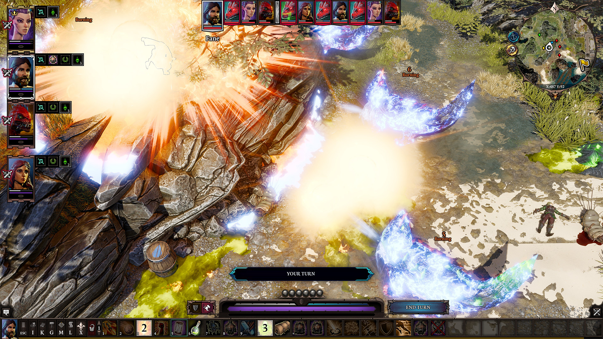 A skeleton triggers a flame attack that causes the patches of poison he laid to explode, catching multiple lizards in the blast.