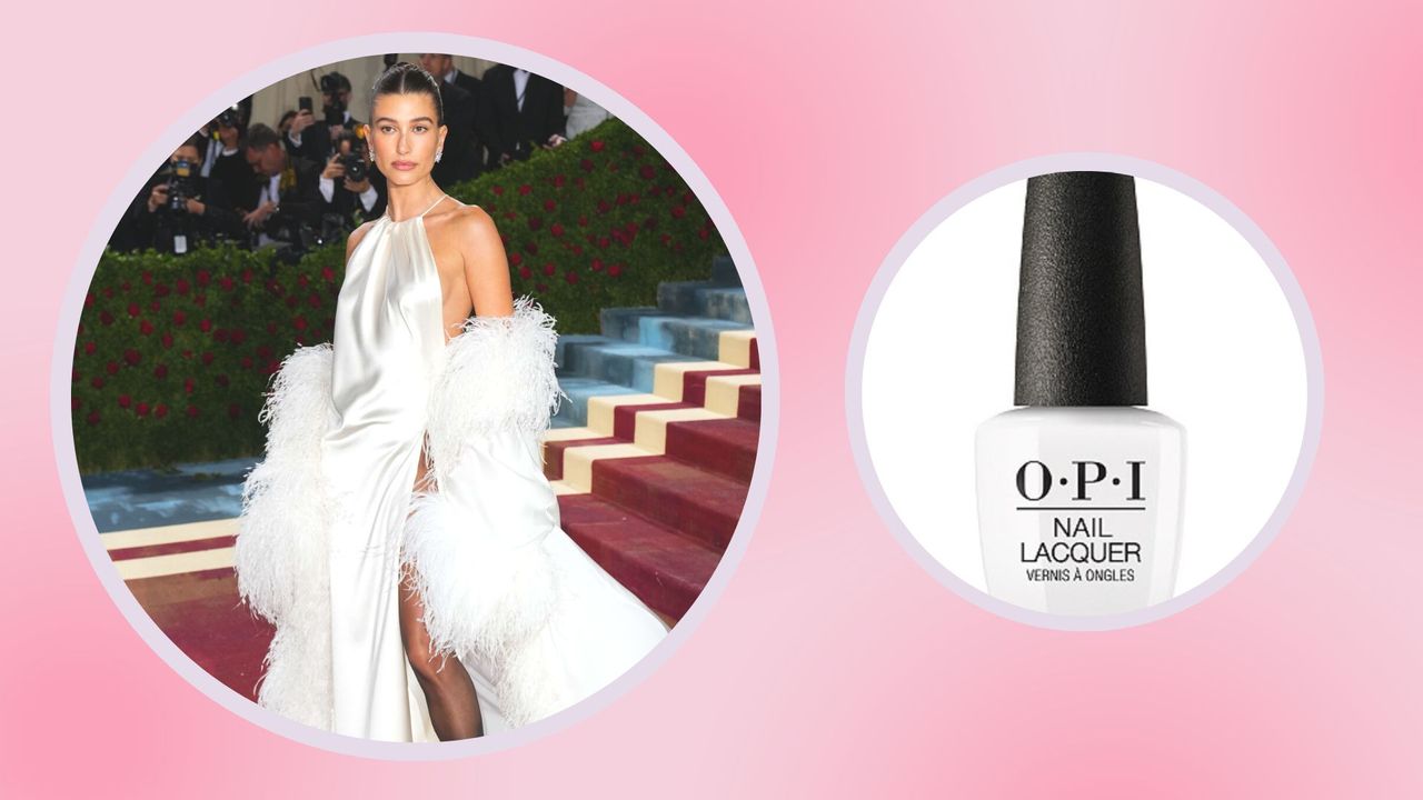 Hailey Bieber&#039;s viral Met Gala &#039;glazed donut&#039; nails: Hailey pictured wearing a white silk dress and white feather wrap at the Met Gala 2022 / alongside a product shot of OPI&#039;s Funny Bunny white nail polish -used to create her Met Gala manicure/ in a pink circle template