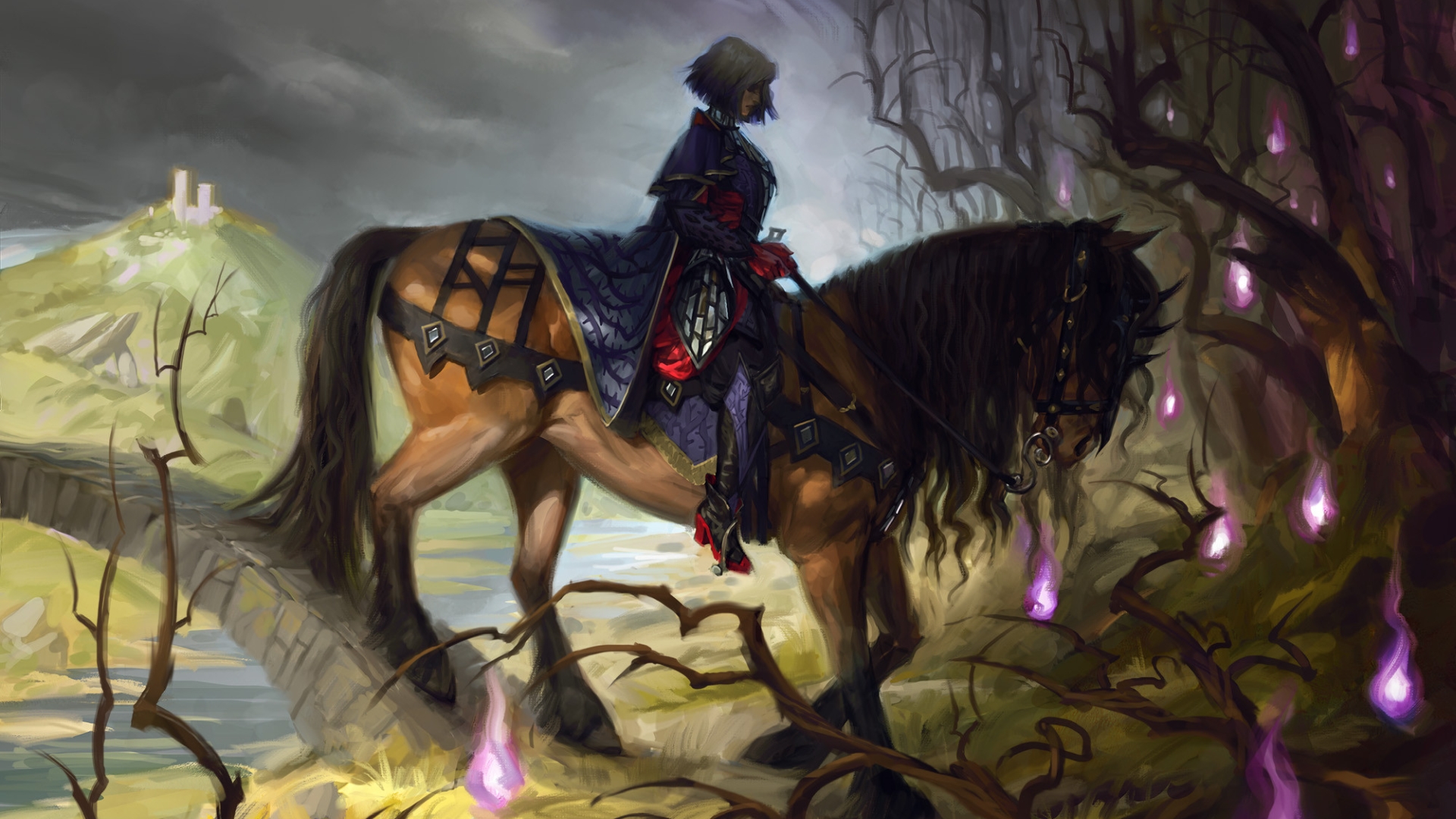 A horseback rider enters a dark forest