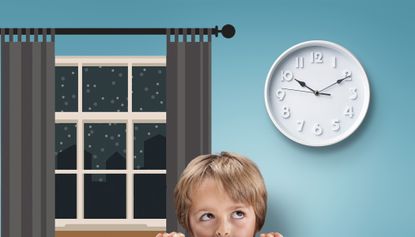A child looks at a clock past 10 p.m. and a dark window.