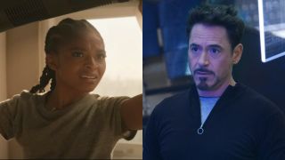 Dominique Thorne holding a speaker above her head in Black Panther: Wakanda Forever, and Robert Downey Jr. as Tony Stark in Avengers: Age of Ultron.