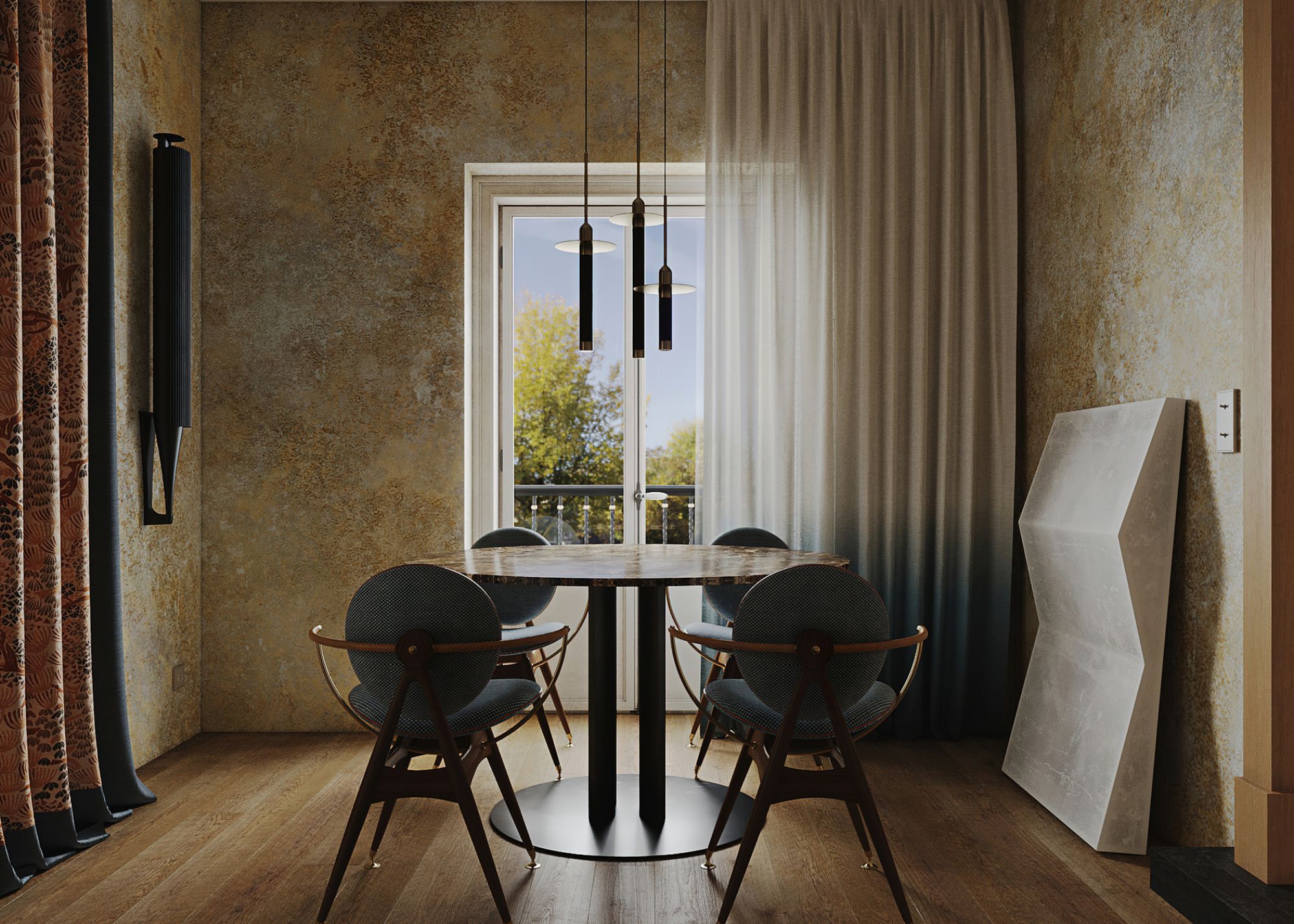 A dining room with a small round table, four chairs and a pendant light above
