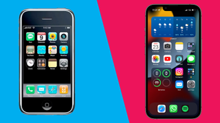 iOS 1 and iOS 15, on iPhone 2G and iPhone 13 PRO