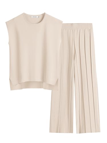 Anrabess Women 2 Piece Lounge Sets Summer Casual Knit Sweater Vest Pant Set Beach Vacation Airport Outfits Clothes Apricot X-Large