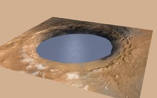 This illustration depicts a lake of water partially filling Mars' Gale Crater, collecting runoff from melting snow on the northern rim. If they lasted long enough, such lakes could have served as refuge for microbial life on Mars.