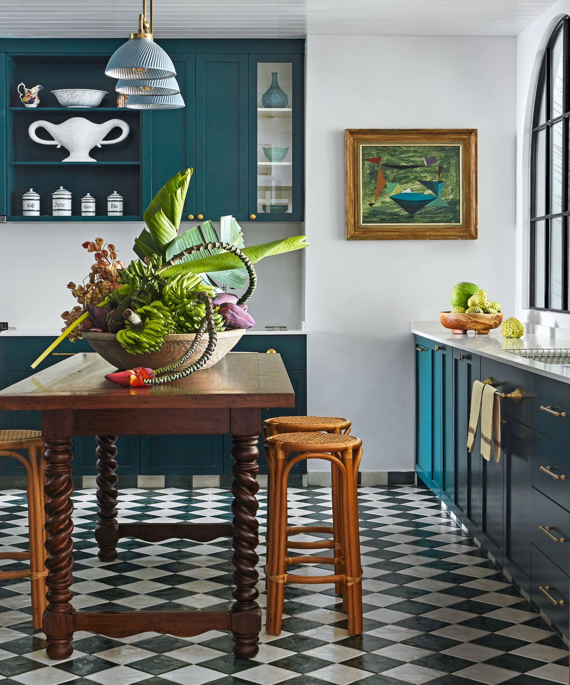 Wooden table, blue drawers, gold handles